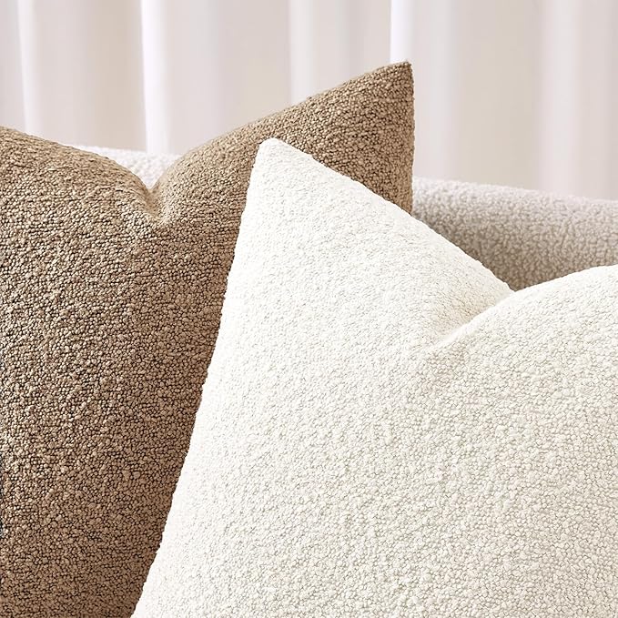 ANRODUO Pack of 2 Textured Boucle Throw Pillow Covers Soft White Decorative Accent Solid Pillow Cases Cozy Modern Couch Cushion Case for Chair Sofa Bedroom Living Room Spring Home Decor, 20 x 20 Inch