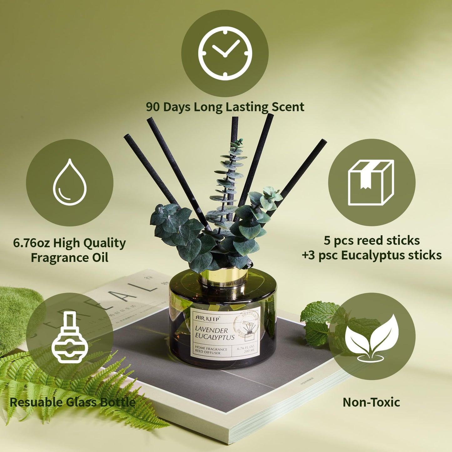 Airkeep Reed Diffuser Set with 6.76 fl oz Lavender Eucalyptus Scent Essential Oils and 3 Leaves & 8 Diffuser Sticks,Bathroom Shelf Decor & Air Freshener, House Bedroom Office Decor & Gifts