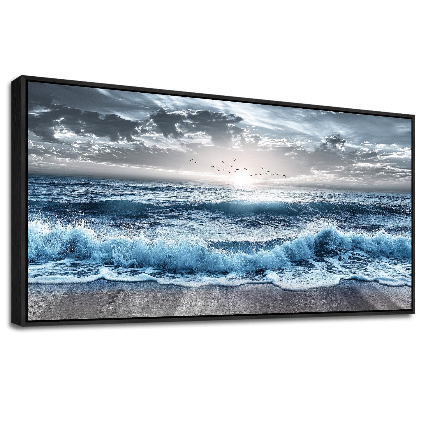 ERQINHUA Large Canvas Wall Decor For Bedroom Wall Art For Living Room Office Decor Blue Beach Sea Wave Paintings Sunrise Ocean Seascape Wall Pictures Artwork Modern Home Decor Black Frame 24x48 In