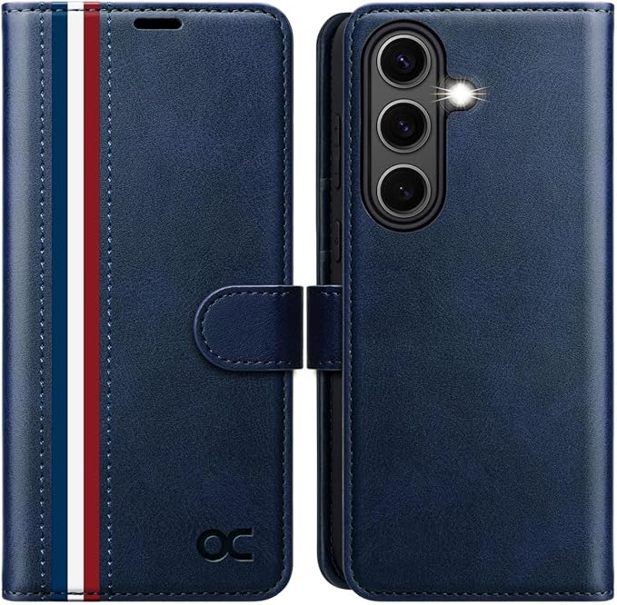 OCASE Compatible with Galaxy S25 FE Wallet Case, PU Leather Flip Folio Case with Card Holders RFID Blocking Kickstand [Shockproof TPU Inner Shell] Protective Phone Cover 2025, Retro Blue