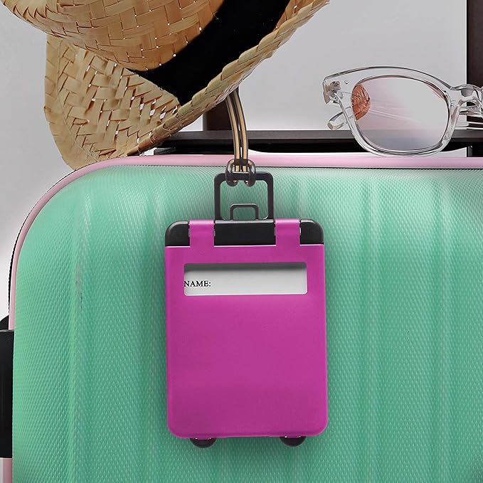 10 Mini Carry-on Luggage Tags Pack - Flip Open Cover, ID Sticker - Purple
