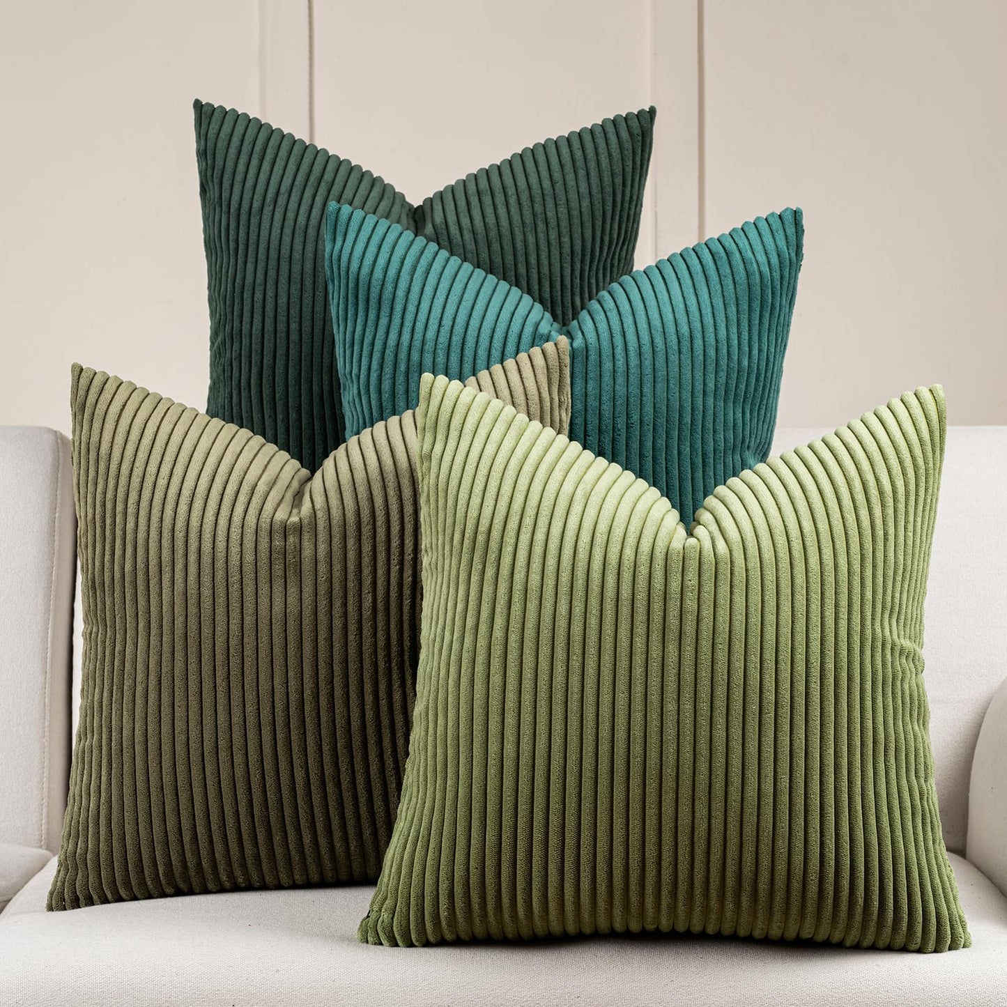 Volcanics Set of 4 Dark Green Corduroy Decorative Couch Throw Pillow Covers 18x18 Inch, Soft Modern Boho Striped Accent Cushion Cases for Home Sofa, Rustic Home Decor