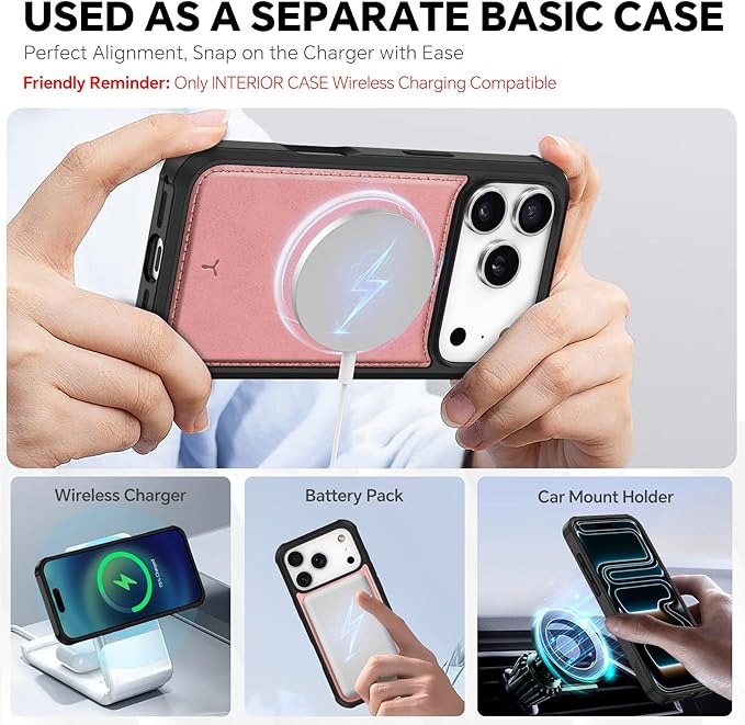 TUCCH 2-in-1 Detachable Wallet Case for iPhone 17 Pro (6.3-inch) 2025, RFID Blocking 4 Card Slots, Wireless Charging, Wrist Strap, Kickstand, Magnetic, PU Leather, Protective Flip Cover, Rose Gold