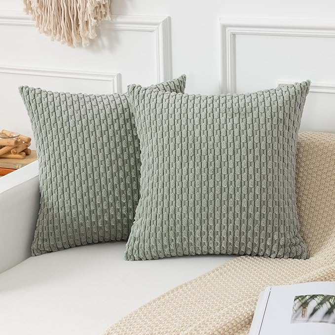 Kevin Textile Throw Pillow Covers Soft Corduroy Decorative Set of 2 Boho Striped Pillow Covers Pillowcases Farmhouse Home Decor for Couch Bed Sofa Living Room 20x20 Inch Greyish Green