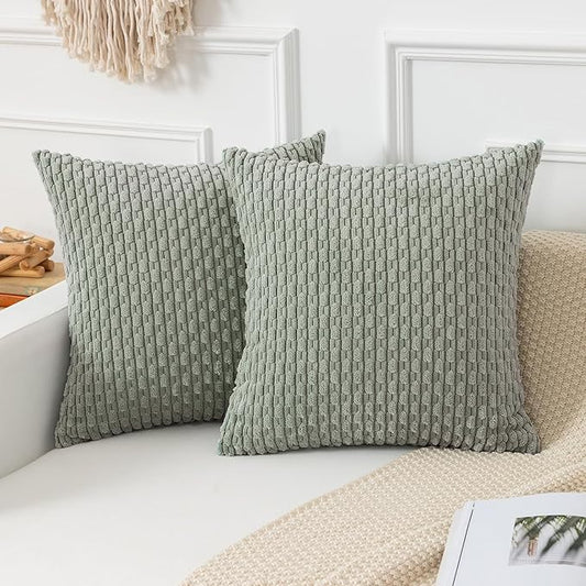 Kevin Textile Throw Pillow Covers Soft Corduroy Decorative Set of 2 Boho Striped Pillow Covers Pillowcases Farmhouse Home Decor for Couch Bed Sofa Living Room 22x22 Inch Greyish Green