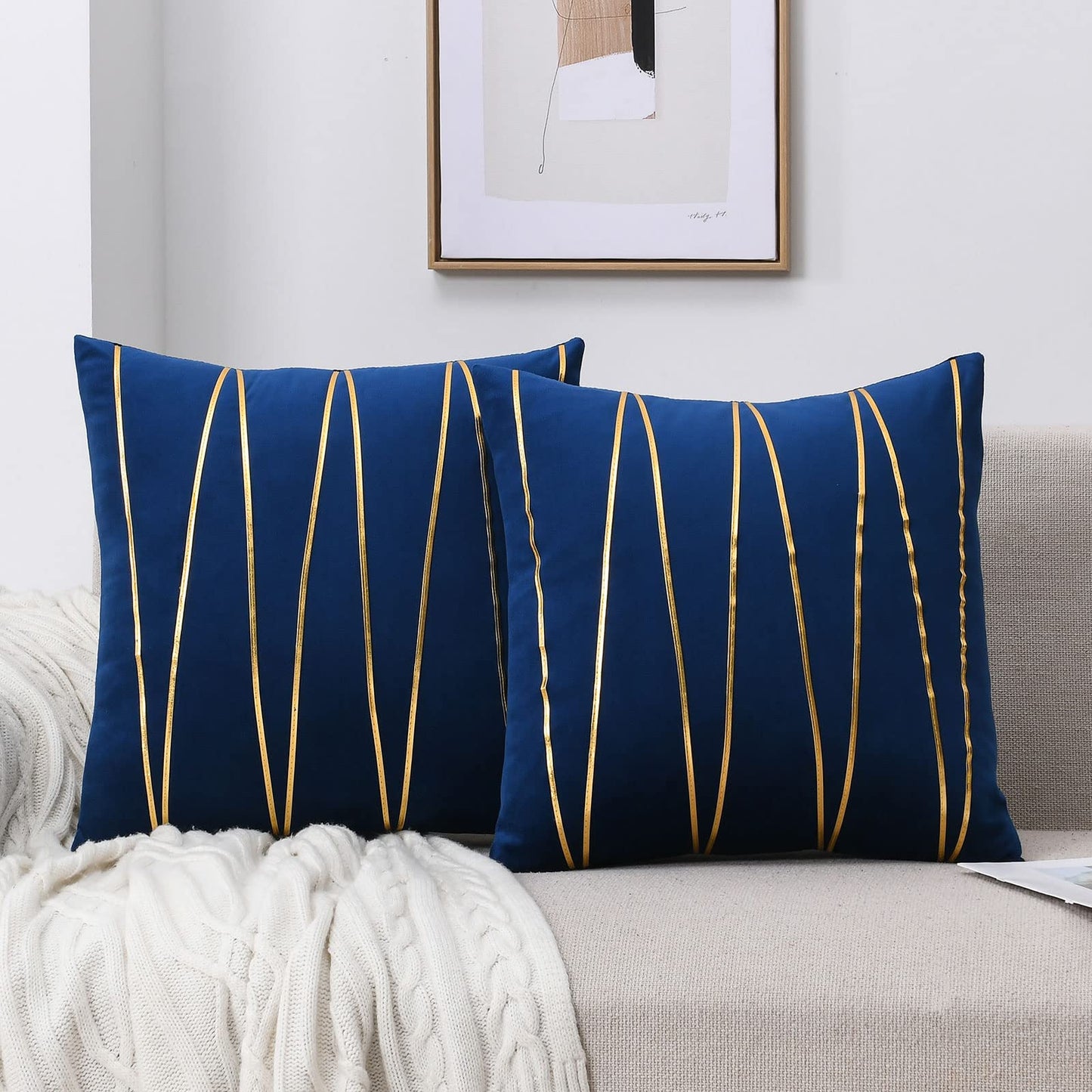 WACOMECO Soft Throw Pillow Covers - Pack of 2 Velvet Decorative Cushion Covers Cases for Sofa Bedroom Livingroom Car, 20" x 20", Navy Blue and Gold
