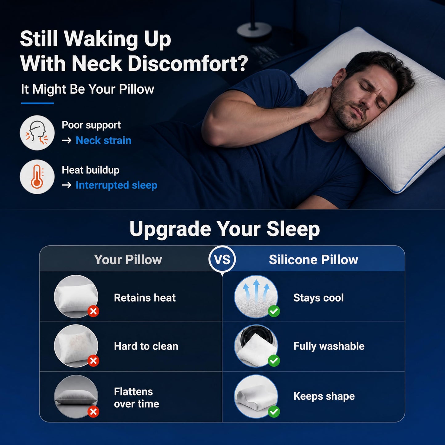 ASRIO Silicone Neck Support Pillow for Sleeping, Dual Height Cooling Ergonomic Contour Pillow, High Resilience Medium Firm Bed Pillow for Side and Back Sleepers, Washable, Standard Size