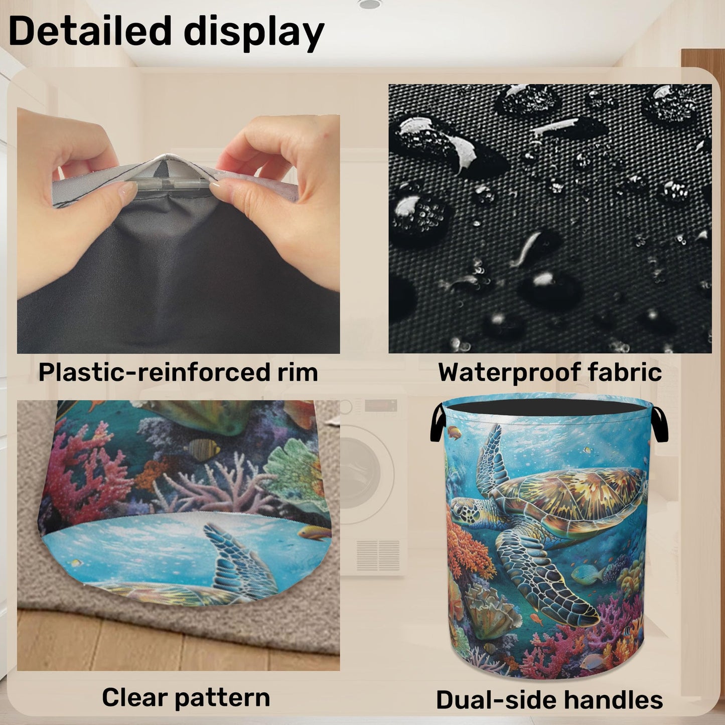 Sea Turtle Foldable Canvas Laundry Basket with Handles - Storage Organizer, Heavy Duty for Home，Bedroom, Dorm, Bathroom