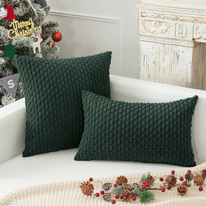 Kevin Textile Decorative Pillow Covers Set of 2 Striped Plush Corduroy Pillows Pillowcases Boho Home Decor Cushion Covers for Couch Sofa Bed Living Room 16x16 Inch, Army Green