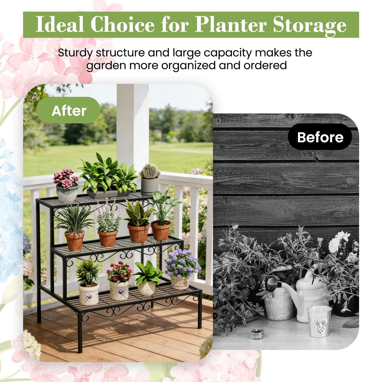 SIMHOMSTOR Plant Pot Stand Shelf, 3 Tier Flower Ladder Display Rack, Metal Succulent Plants Storage Holder for Outdoor and Indoor, Black