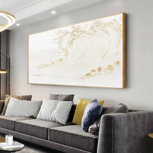 Framed Wall Art Wall Decor Nature Decor Canvas Hand Painted White Wave With Golden Embellishments Artwork Painting Picture For Living Room Bedroom Living Room And Office Wall Decor 24x48 Inch