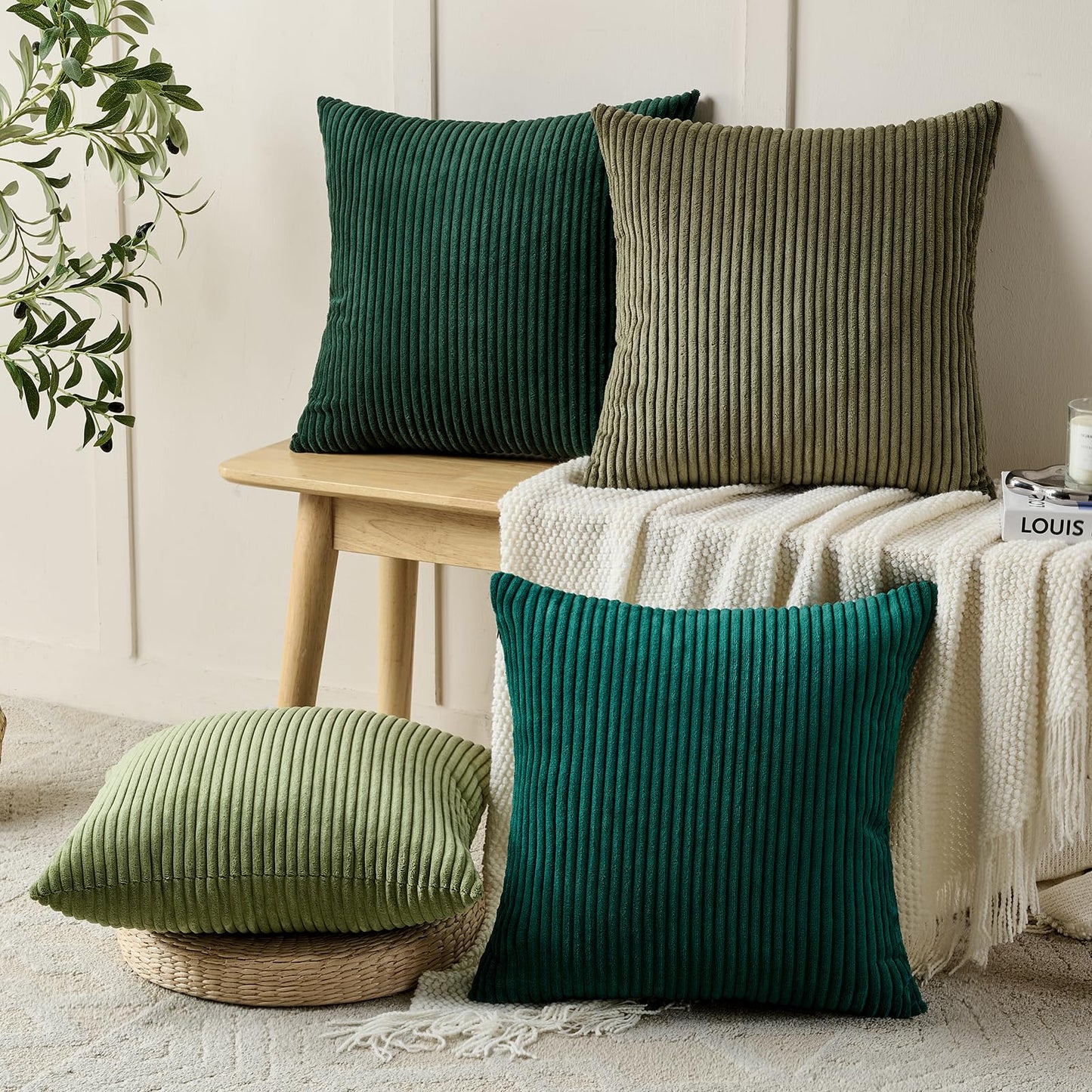 Volcanics Set of 4 Dark Green Corduroy Decorative Couch Throw Pillow Covers 18x18 Inch, Soft Modern Boho Striped Accent Cushion Cases for Home Sofa, Rustic Home Decor