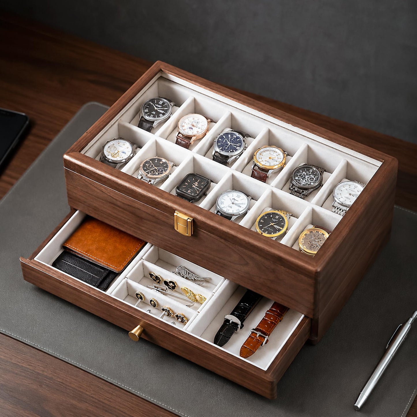 Black Walnut Watch Box for Men, 12 Slot Wooden Watch Organizer with Glass Lid, 2 Layer Watch Display Case with Drawer Jewelry Storage Box, Gift for Husband, Dad, Anniversary, Father’s Day, Women
