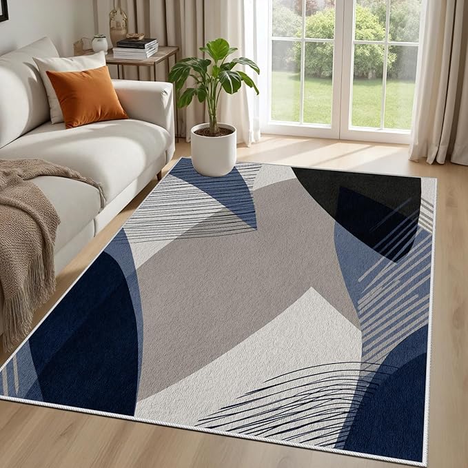 Abstract Art Line Living Room Area Rugs 4x6, Modern Boho Geometric Print Soft Rug, Minimalist Washable Non Slip Neutral Carpet for Bedroom, Dining Room Office Playroom, Navy Blue Gray
