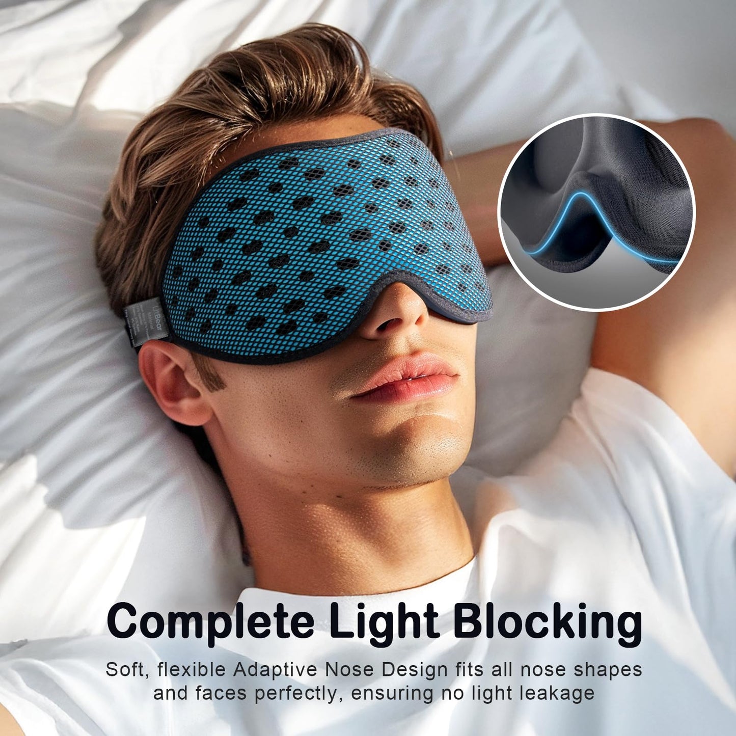 LitBear Breathable Sleep Mask, 3D Eye Mask Sleep for Side Sleepers Women Men, Light Blocking Sleeping Mask with Adjustable Strap, Soft Lightweight Eye Cover for Travel, Night Work, Nap, Office - Blue