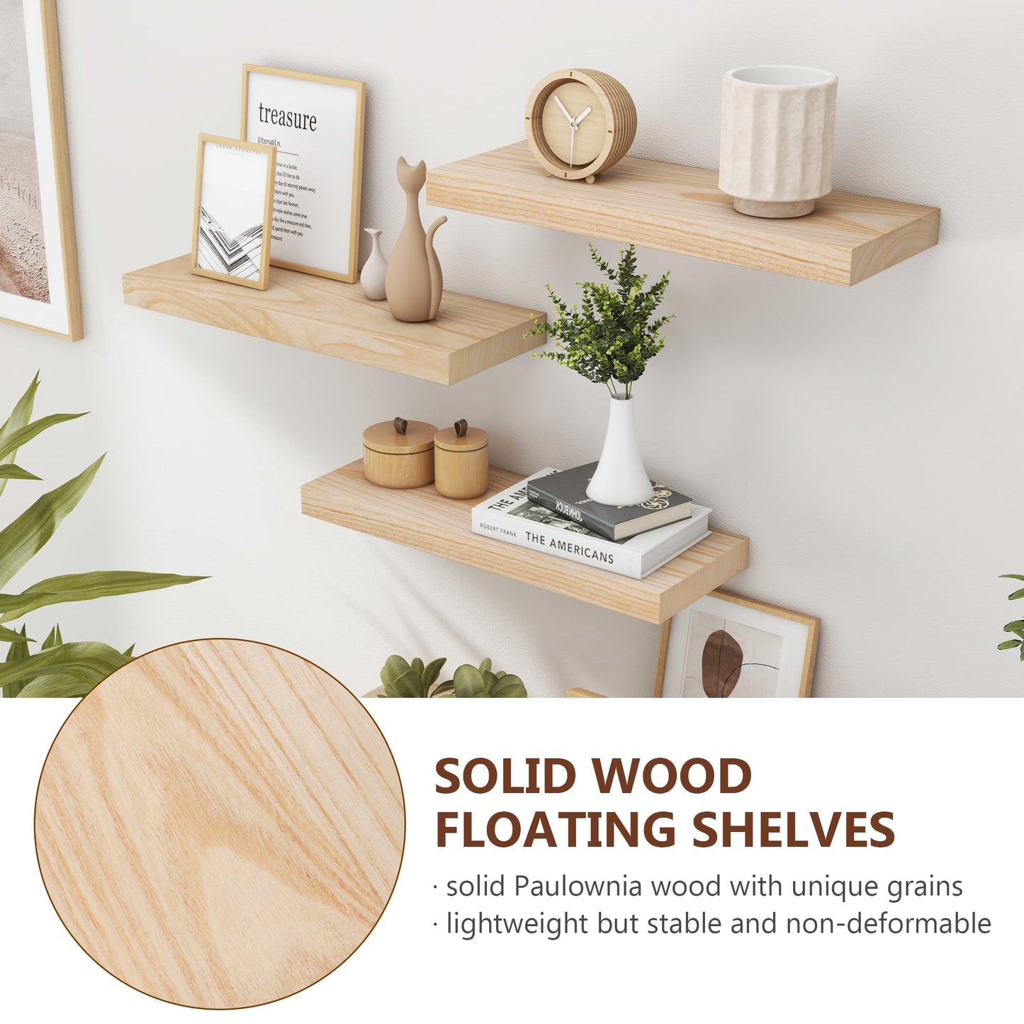 fuqing Natural Wood Floating Shelves - Wood Floating Shelves for Wall Set of 3-17 Inch Wide x 6.7 Inch Deep Natural Wooden Shelves for Living Room Bedroom Home Office
