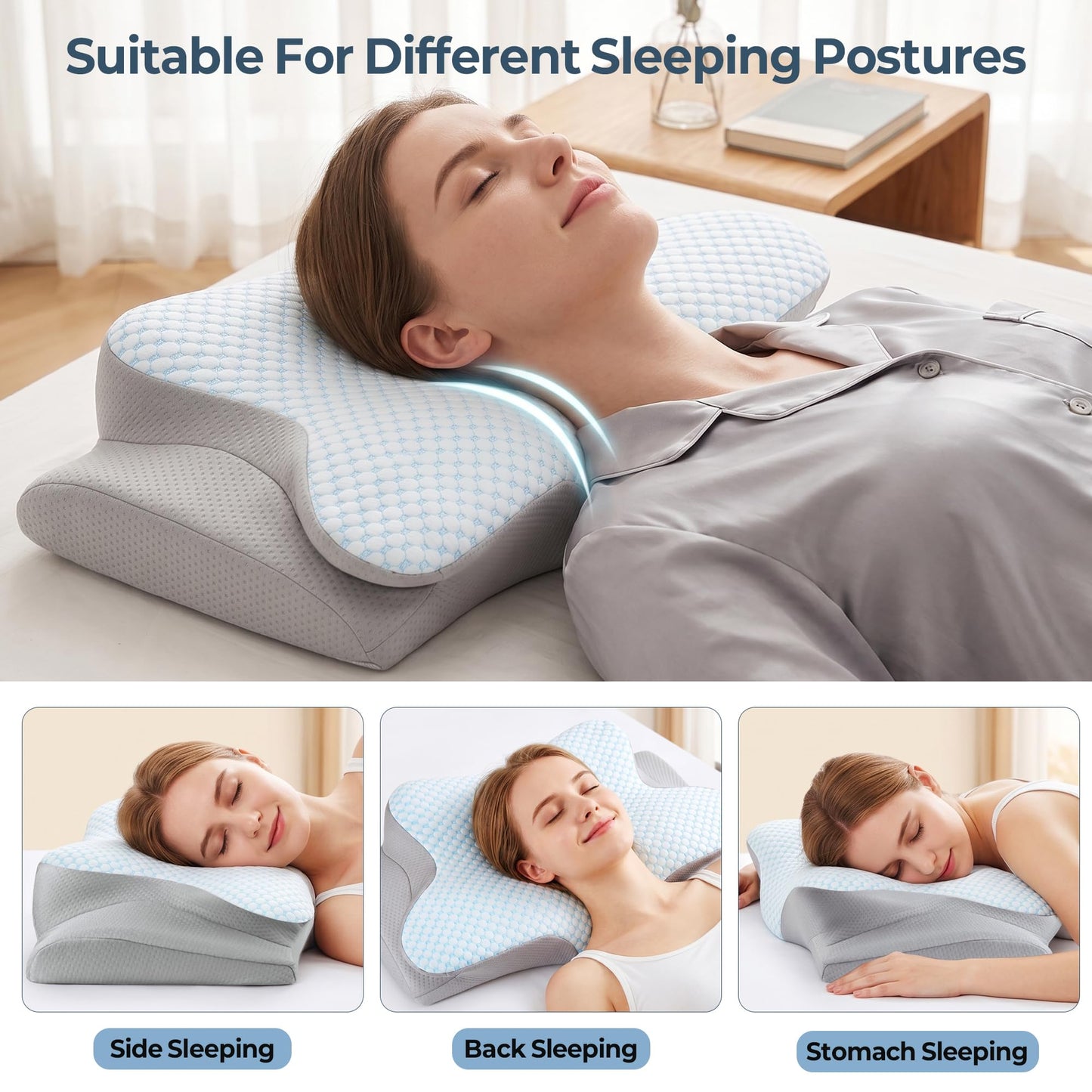 Cervical Neck Pillow for Pain Relief - Ergonomic Side Sleeper Pillow for Neck Support, Contour Orthopedic Cervical Pillow for Sleeping, Cooling Memory Foam Pillows for Back Stomach Sleepers (Blue)