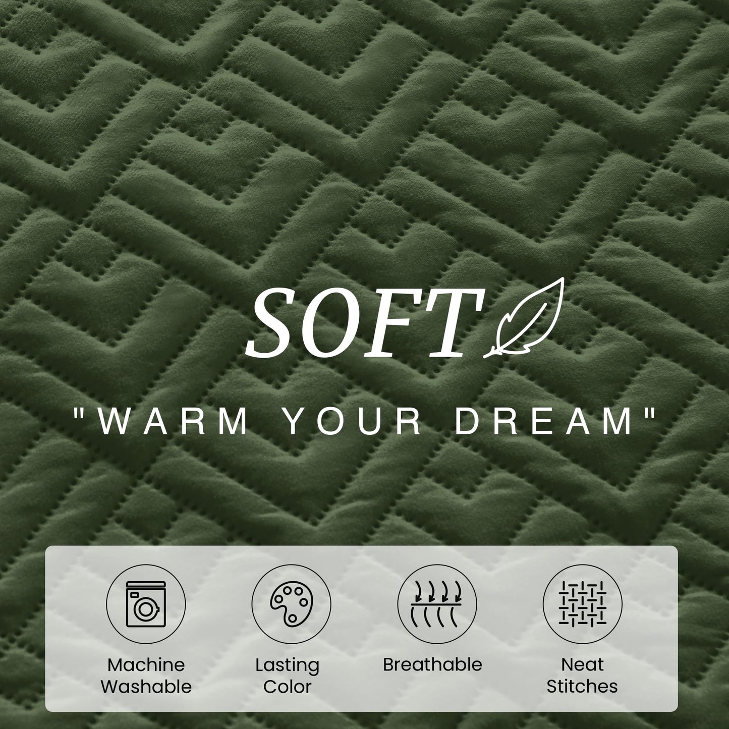 EXQ Home Quilt Set Full Quilts Queen Size Olive Green 3 Piece,Lightweight Soft Coverlet Modern Style Squares Pattern Bedspread Set(1 Quilt,2 Pillow Shams)