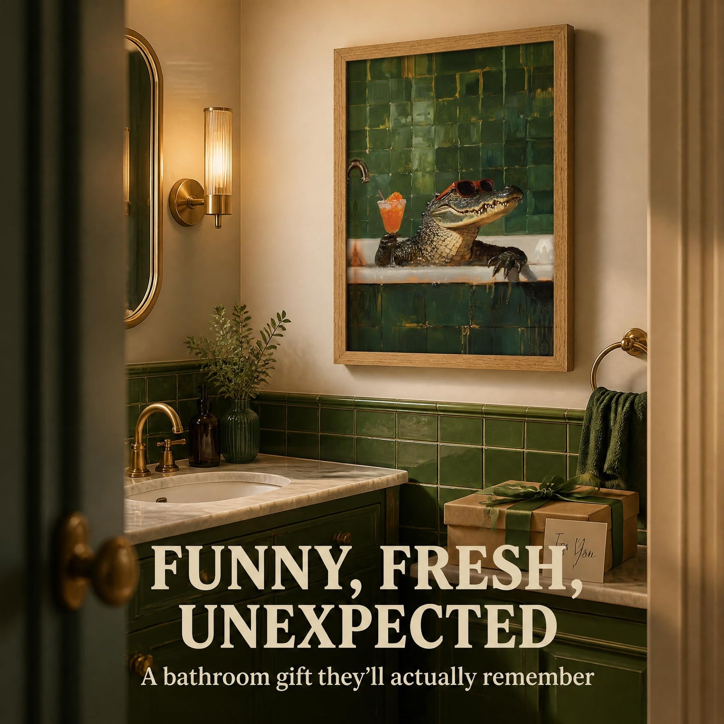 Funny Crocodile Bathroom Wall Art Framed Chillin Crocodile with Cocktail Wall Decor Funny bathtub Animal Painting Picture Cool Alligator Bath Time Prints Artwork for Bathroom Bar Home Decor