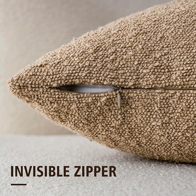 Foindtower Decorative Textured Boucle Throw Pillow Covers Accent Solid Pillow Cases Neutral Soft Cozy Couch Cushion Case for Chair Sofa Bedroom Living Room Home Decor 24 x 24 Inch,Taupe Khaki Camel
