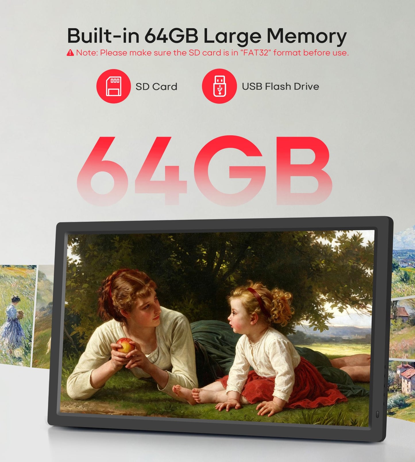 Frameo 32" Extra Large Digital Picture Frame WiFi 64GB, 1920 x 1080 FHD IPS Touch Screen Electronic Photo Frames, Wall Mounted, Auto-Rotate, Support USB and SD Card, Share Photos Videos Instantly