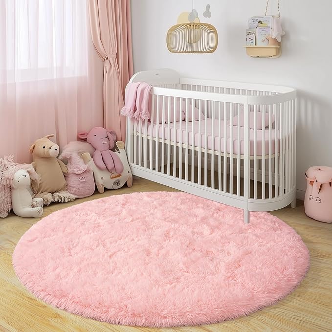 Round Fluffy Rugs 5Ft for Girls Bedroom, Pink Shag Circle Kids Rug Non-Slip for Bedside Dorm Nursery Playroom, Soft Cute Area Rugs for Living Room Decor