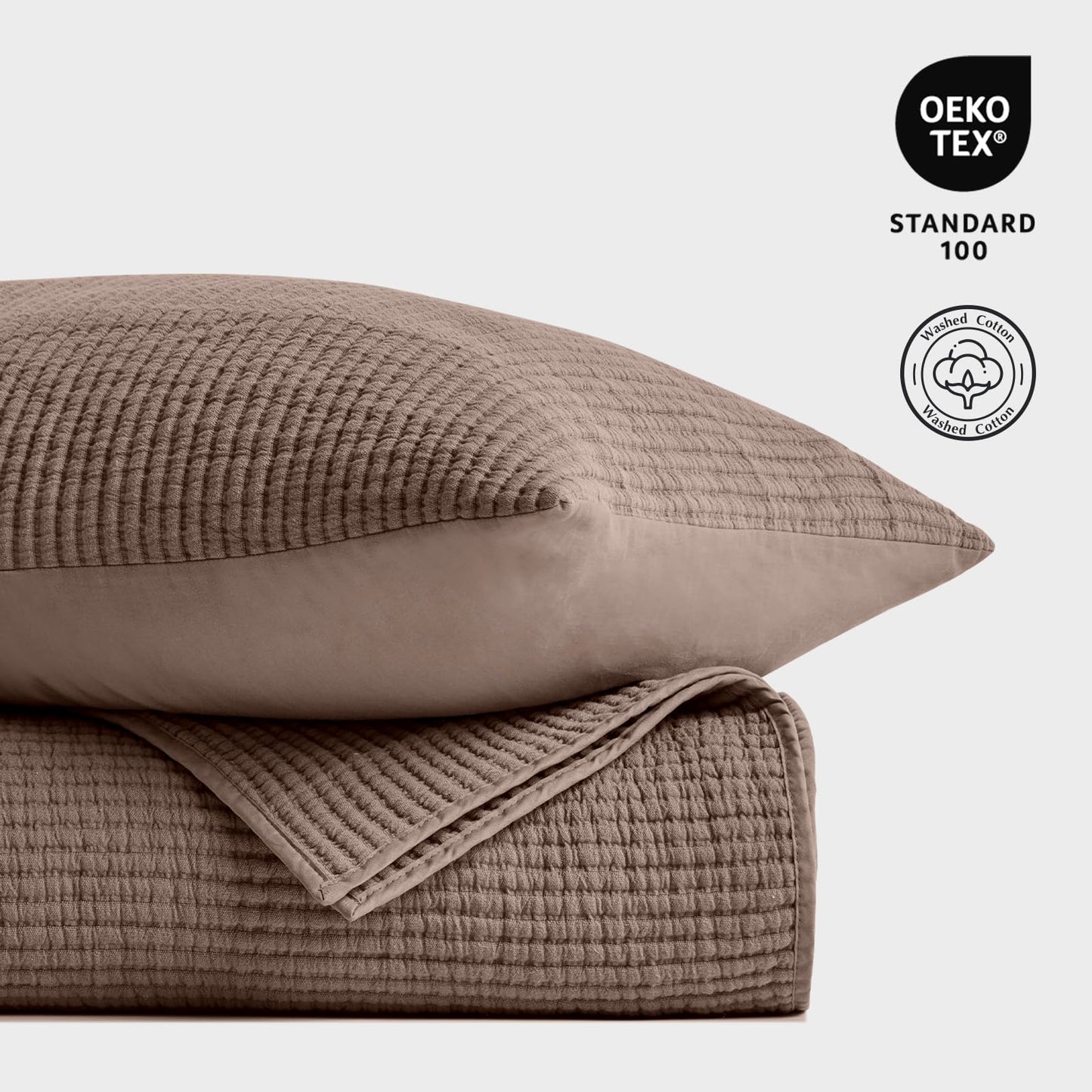 EVERGRACEHOME Cotton Coverlet Set Full Queen Size 3 Pieces, Lightweight Soft Ribbed Matelassé Bedspread Quilt Set, Cozy Oversized Quilted Bedding Set with 2 Pillow Shams for All Seasons, Mocha Brown