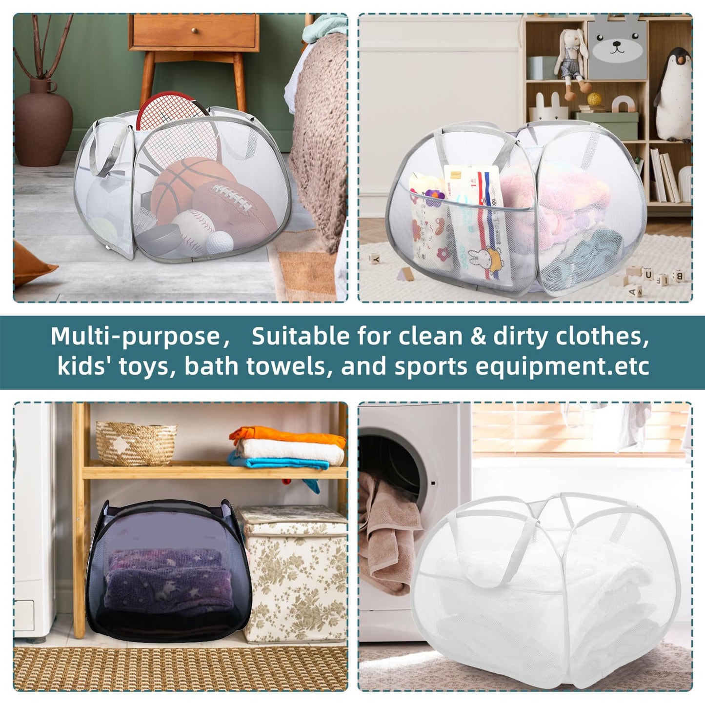 2 Pack Collapsible Laundry Baskets, 90L Large Foldable Laundry Basket, Durable Mesh Pop Up Hampers for Laundry, Dirty Clothes Laundry Hamper for Bedroom, Bathroom, Dorm, Laundry Room, Travel White