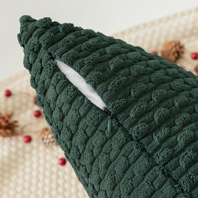 Kevin Textile Christmas Decorative Pillow Covers Set of 2 Striped Plush Corduroy Rectangle Lumbars Boho Home Decor Cushion Covers for Couch Sofa Bed Living Room 12x20 Inch, Army Green