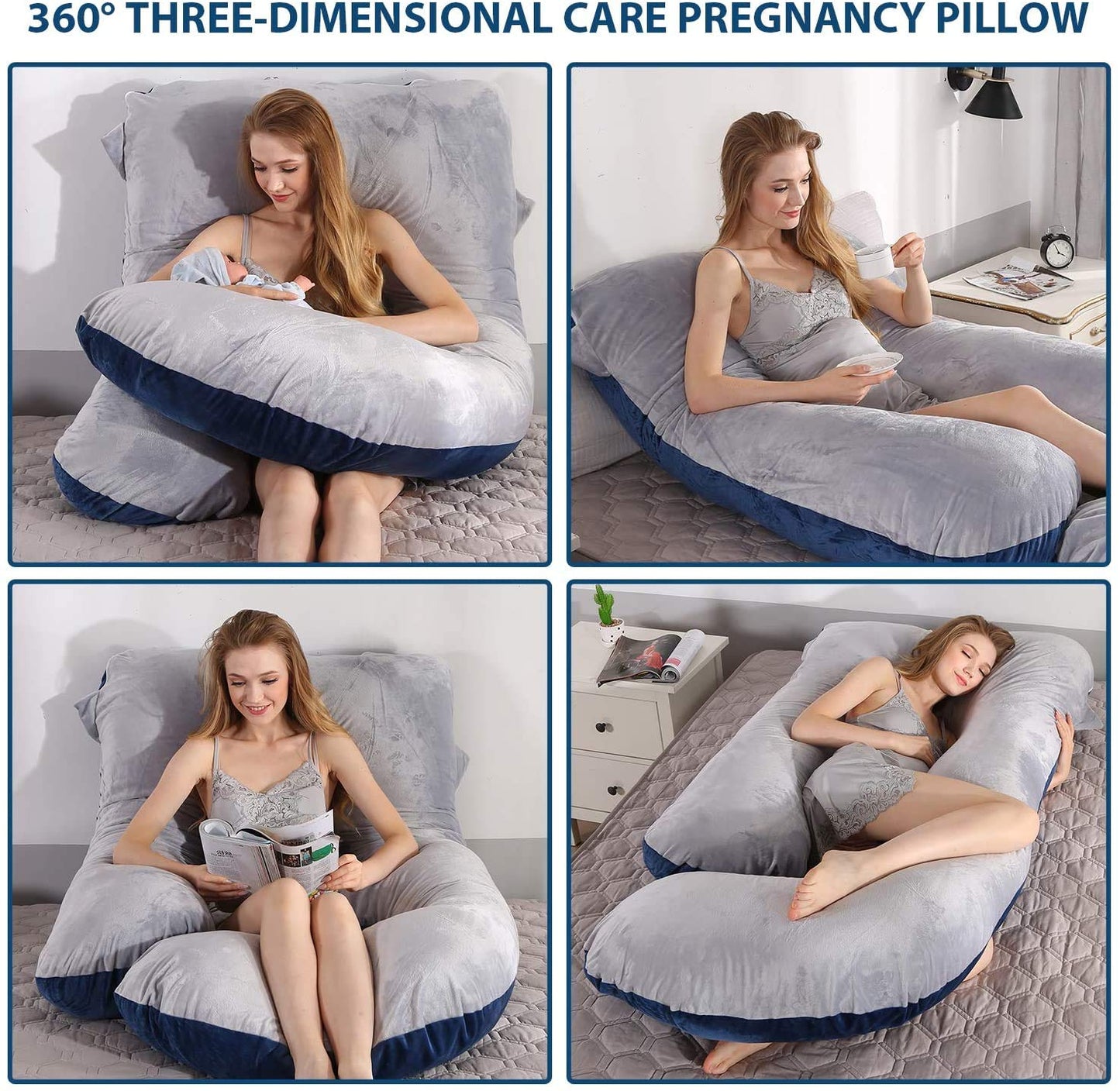 U-Shaped Full Body Pregnancy Pillow for Sleeping – 57" Maternity Pillow with Removable Cover, Support for Back, Legs, Belly & Hips (Velvet-Blue and Grey)
