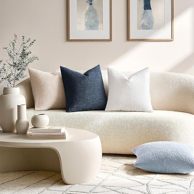 ANRODUO Pack of 2 Textured Boucle Throw Pillow Covers Soft Oatmeal Euro Decorative Accent Solid Pillow Cases Cozy Modern Couch Cushion Case for Chair Sofa Bedroom Living Room Home Decor, 26 x 26 Inch