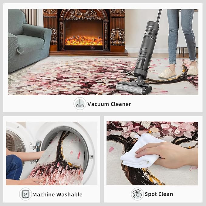 Graffiti Tree Washable Rugs 3x5 Rug for Living Room, Pink Petals 3x5 Rug Oil Painting Art Low-Pile Carpet for Bedroom Dining Non Slip Mat with Rubber Back