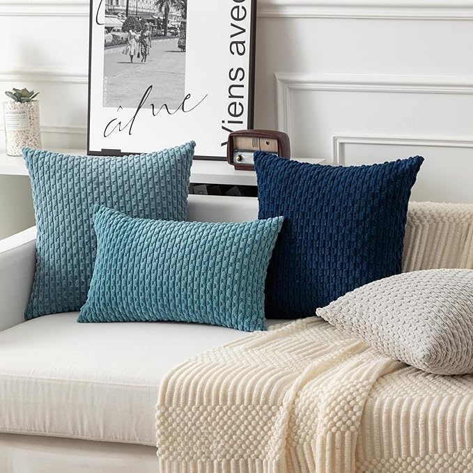 Kevin Textile Throw Pillow Covers Soft Corduroy Decorative Set of 2 Boho Striped Pillow Covers Pillowcases Farmhouse Home Decor for Couch Bed Sofa Living Room 26x26 Inch Blue Grey
