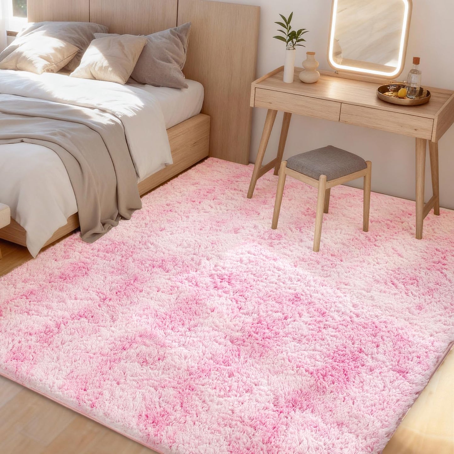 Litanika 3x5 Fluffy Shag Faux Fur Area Rug for Living Room Bedroom, Tie-Dyed Pink High Pile Soft Plush Shaggy Furry Bedside Playroom Dorm Carpet, Non-Slip, Non-Shedding Modern Indoor Floor Rug