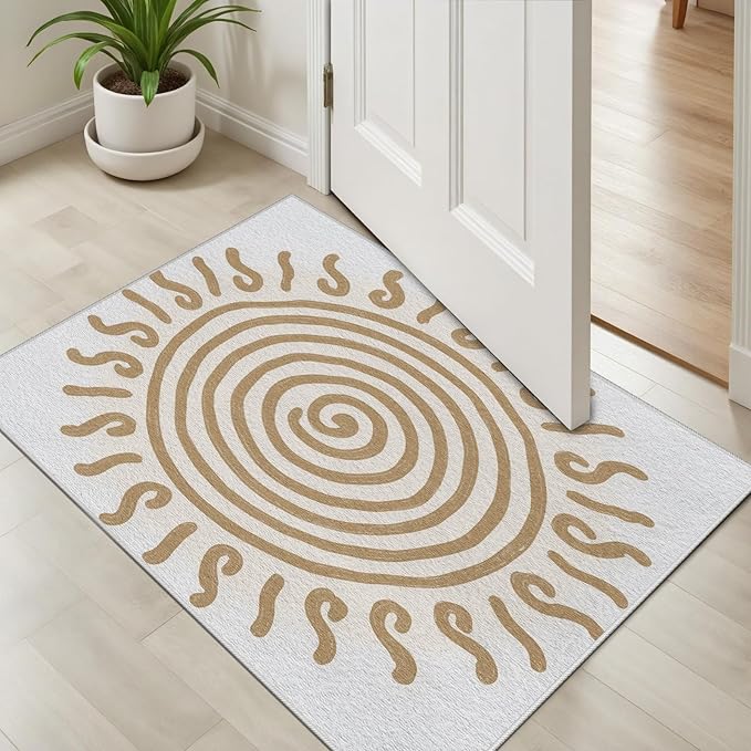 Boho Washable Rugs for Bedroom 4x5, Modern Sun Print Soft Minimalism Area Rug, Non Slip Low Pile Abstract Carpet for Classroom Living Room Decor Dining Room, Beige Yellow