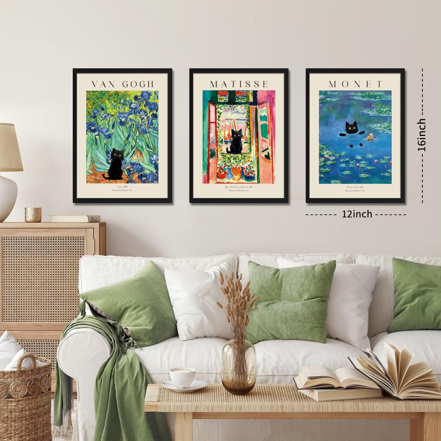 Wood Framed Monet Wall Art Set of 3 - Van Gogh Black Cat Flower Field Canvas Paintings Prints, Matisse Abstract Black Cat Aesthetic Pictures for Room Bedroom Living Room Bathroom 12x16 in