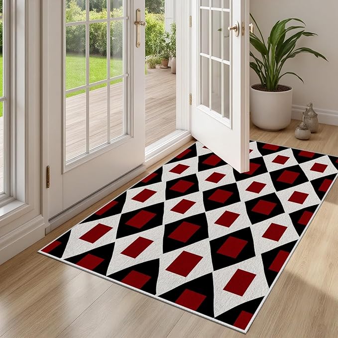 Plaid Rug 3x4, Vintage Geometric Soft Ultra Soft Faux Wool Low Pile Rug, Indoor Floor Mats Carpet, Non-Slip Stain Resistant Washable Rugs, Modern Red Rugs for Living Room Home Office Decor