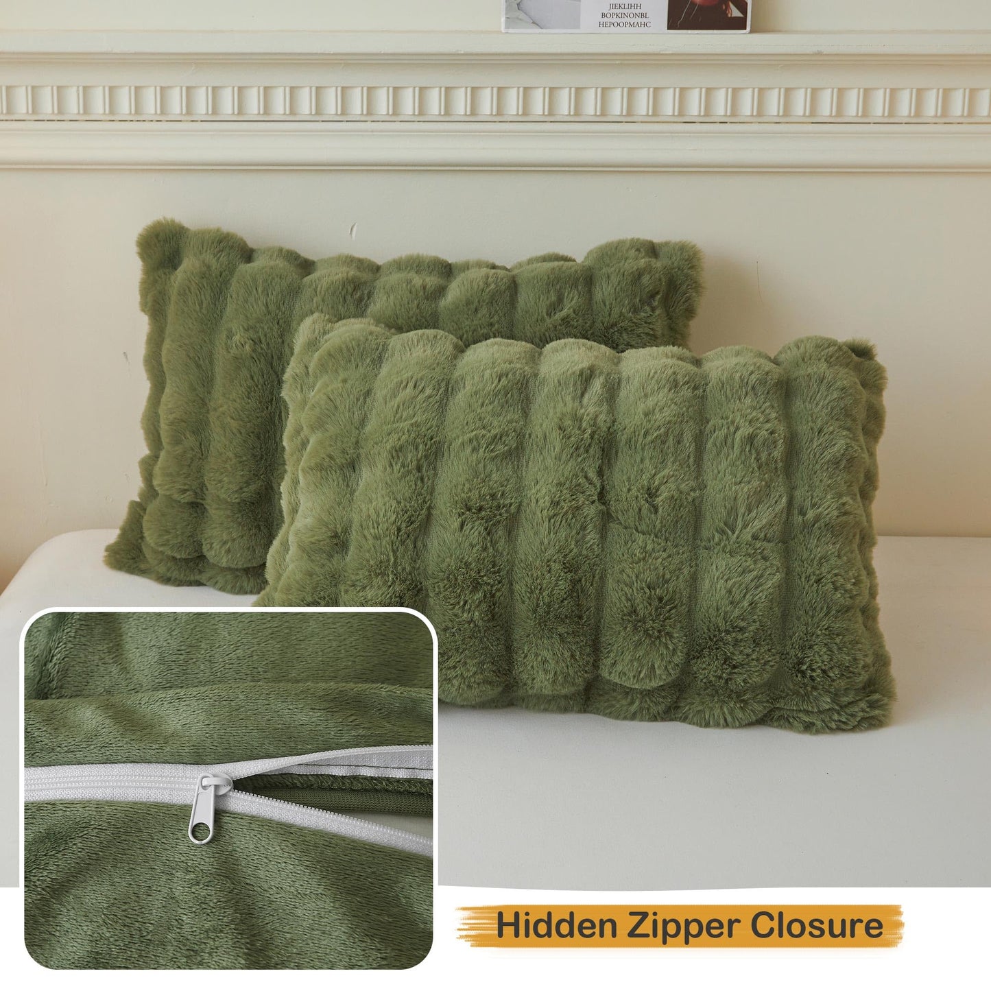 LIFEREVO 2 Pieces Fluffy Faux Rabbit Fur Pillow Cases, Luxury Soft Plush Shaggy Bubble Pillowcases Standard Size with Zipper, Furry Fuzzy Long Pillow Shams Adult Girls Kids Teens 20x26, Sage Green