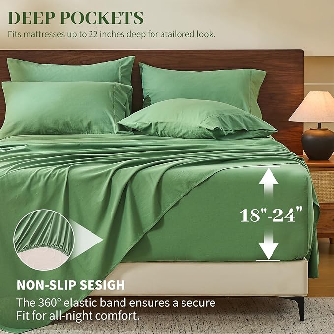 MEISHANG 100% French Pure Linen Sheets Queen Size - 6 PC Extra Deep Pocket Sheet Set, Soft Durable Flax Linen, Anti-Tear Breathable & Oeko-Tex Certified 18-24 Deep Pocket,All Season(Sage Green)