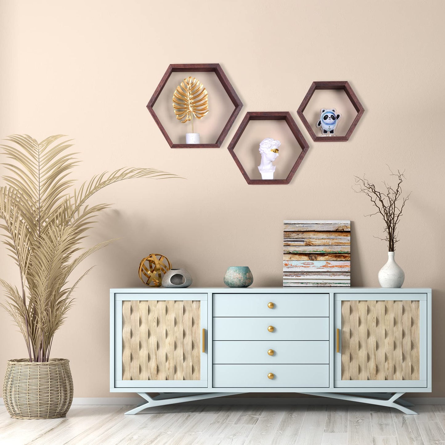 PHOENANCEE Hexagon Floating Shelves,Honeycomb Shelf Set of 3,Wood Farmhouse Hexagonal Decor Wall Storage for Living Room Bedroom Kitchen Office(Walnut)