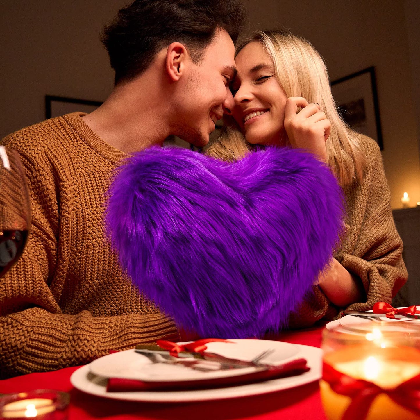 Maitys 2 Pcs Heart Shaped Pillows 12 x 16 Inch Faux Fur Throw Fluffy Cute Soft Throw Pillows Decorative with Insert for Anniversary Bedroom Living Room Sofa Couch (Violet)