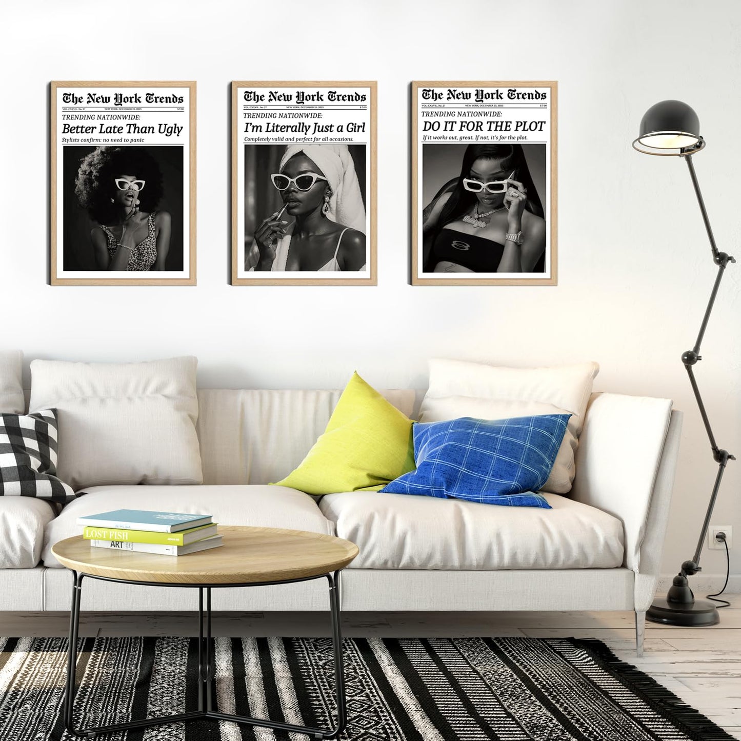 Fashion Wall Art Canvas Print Set of 3 Framed Poster Picture Modern Artwork Wall Decor Black and White Woman Canvas Artwork Poster Wall Art 12x16 Inch for Bedroom Living Room