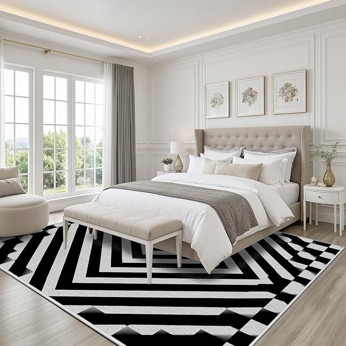 Black and White Rug 6x9, Checkered Soft Thin Indoor Floor Mats Carpet, Non-Slip Stain Resistant Washable Rugs, Modern Rhombus Geometric Rugs for Living Room, Farmhouse Rug