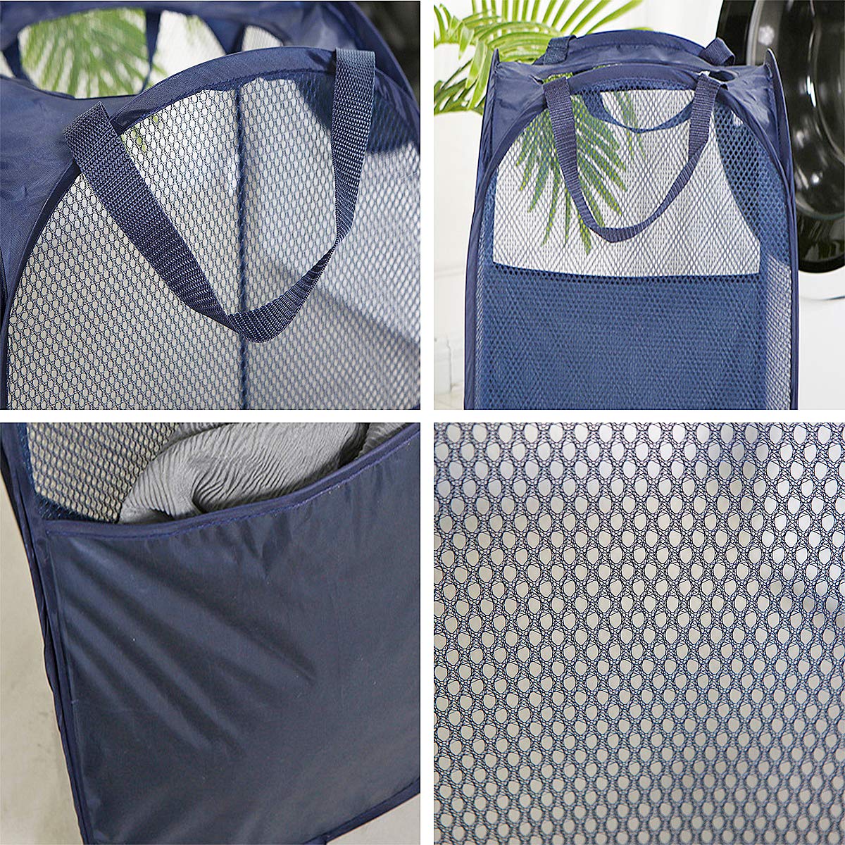 BENJUNC 2 pop-up foldable mesh laundry baskets (each with 2 reinforced handles), black + blue…