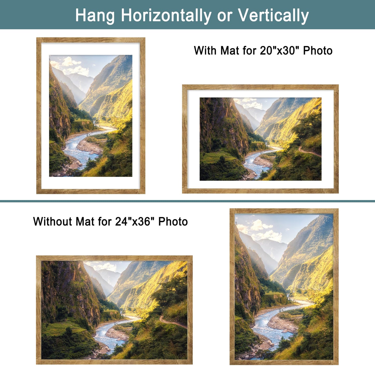 iRahmen 24x36 Poster Frame Set of 2 with Plexiglass, Wooden Rustic Brown Frames Display 20x30 Picture with Mat or 24 x 36 Without Mat, Wall Gallery Mounting Horizontal and Vertical