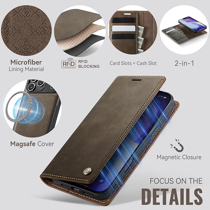 PlusnapX Wallet Case for iPhone 17 Pro Compatible with Magsafe, 2-in-1 PU Leather Flip RFID Blocking Card Holder Stand Shockproof Magnetic Detachable Cover for iPhone 17 Pro Case 6.3", Brown