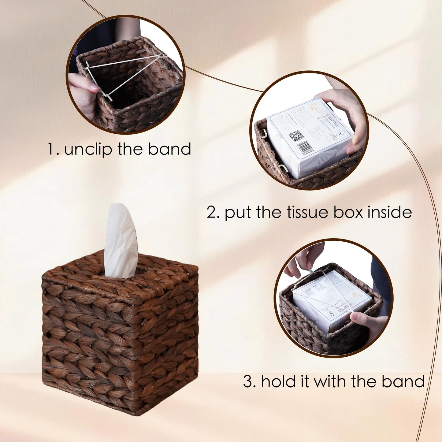 Water Hyacinth Handwoven Tissue Box Cover, Handcrafted Square Facial Tissue, Natural Handmade Wicker Napkin Box Holder, Rustic Decorative on Table and Bathroom, Office, Boho Decorative, Coffee