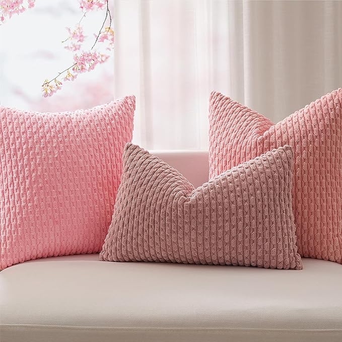 Kevin Textile Valentines Day Decorative Pillow Covers Set of 2 Striped Plush Corduroy Pillows Pillowcases Boho Home Decor Cushion Covers for Couch Sofa Bed Living Room 16x16 Inch, Pink