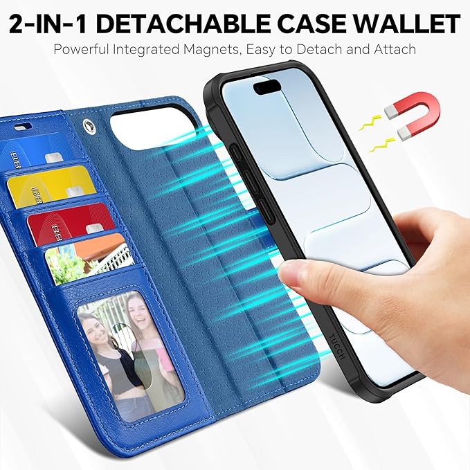 TUCCH 2-in-1 Detachable Wallet Case for iPhone Air (6.5-inch) 2025, RFID Blocking 4 Card Slot | Wireless Charging | Wrist Strap | Kickstand | Magnetic | PU Leather | Protective Cover | Klein Blue