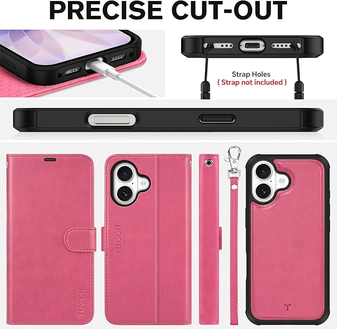 TUCCH 2-in-1 Removable Wallet Case for iPhone 17 (6.3-inch) 2025, Wireless Charging | RFID Blocking 4 Card Slots | Wrist Strap | Kickstand | Magnetic | PU Leather | Protective Flip Cover | Hot Pink